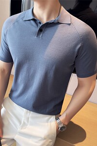 【天丝莱赛尔】夏季冰丝薄款针织POLO衫翻领短袖T恤男蓝色T24-P63图片