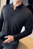 新中式立领长袖POLO衫男高级感弹力无痕翻领T恤黑色T6659-P68，男装T恤，电商A213