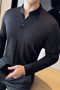 新中式立领长袖POLO衫男高级感弹力无痕翻领T恤黑色T6659-P68图片