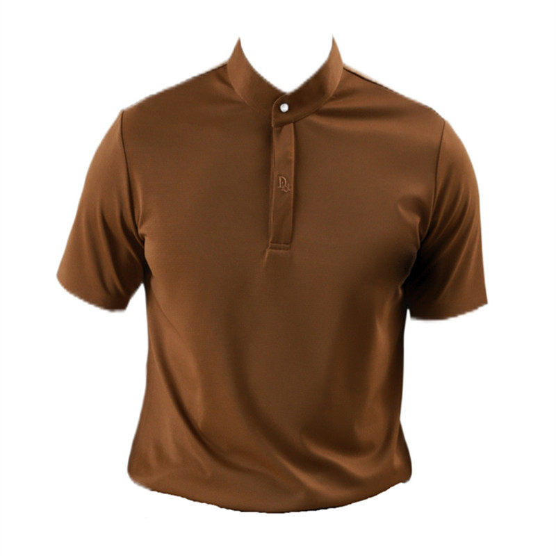 新中式垂感华夫格高级感polo衫立领刺绣短袖t恤咖啡色PL2319-P58，男装Polo衫，电商A213