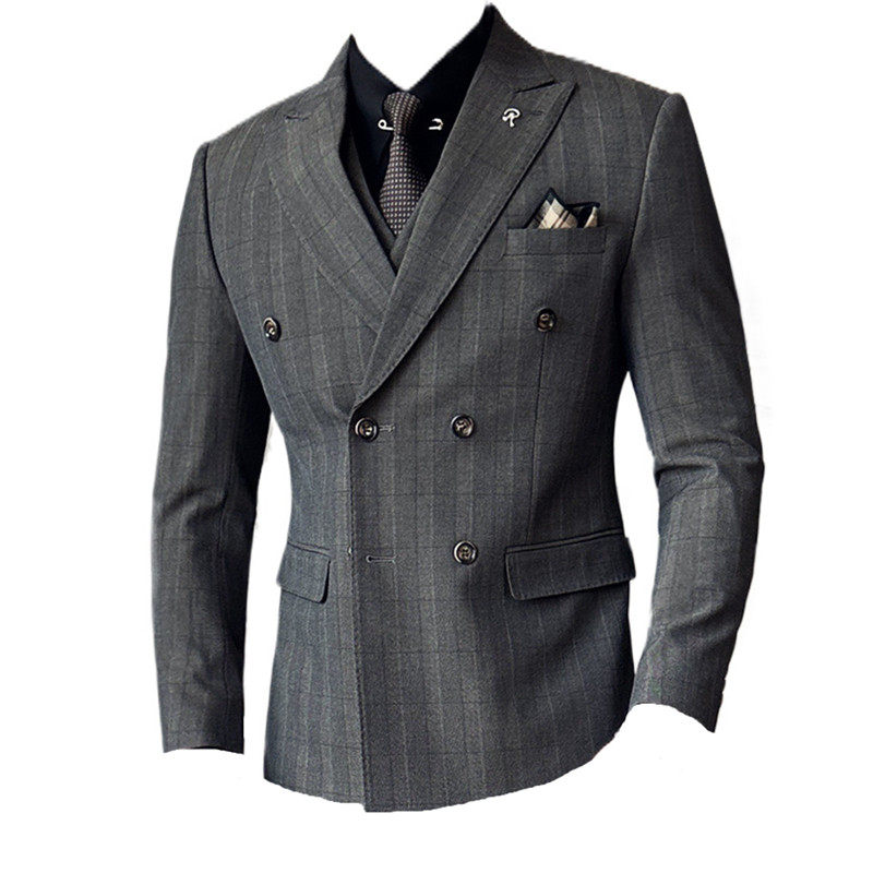 双排扣色织格纹西服新郎结婚礼服格子西装三件套男SJT8035-P285,男装西服套装,电商A213