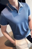 英伦风~V领拼色翻领T恤男士短袖POLO衫天蓝色PL05-P55，男装T恤，电商A213