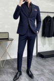男士薄款戗驳领两粒扣单排扣双开叉西装两件套藏青色LJT505-P210，男装西服套装，电商A213