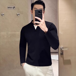 时尚叠穿拼接假两件弹力t恤男修身V领撞色长袖打底黑色CT104-P53图片