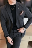 宽条纹西装双排扣西服套装男商务礼服两件套修身深灰LJT306/P230，男装西服套装，电商A213