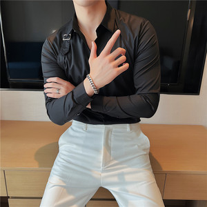 新图~网红背带装饰设计感衬衫男长袖帅气休闲痞帅衬衣C6602-P75图片
