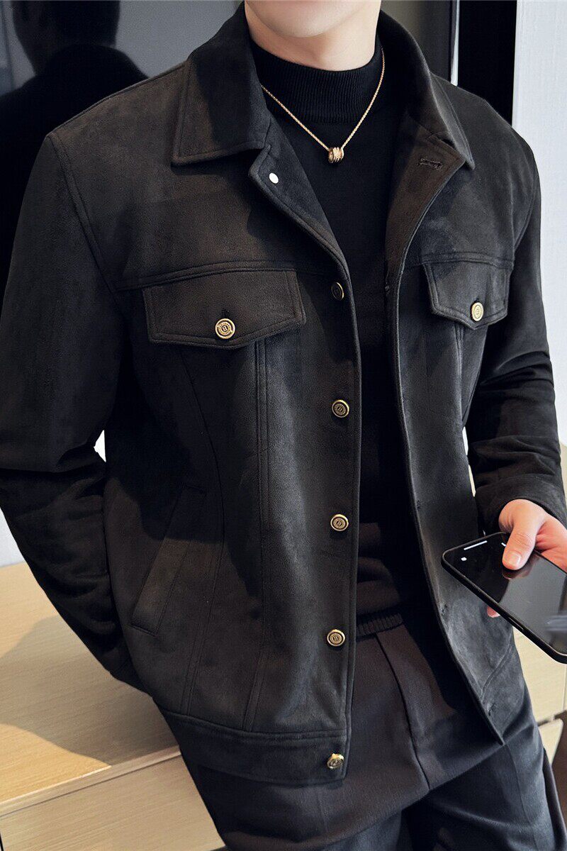 新增黑色新增4XL鹿皮绒加厚夹克男修身翻领短款外套JK7017-P145图片