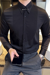 领口金属装饰设计感男长袖礼服衬衫男褶皱条纹衬衣黑色C3005-P73图片
