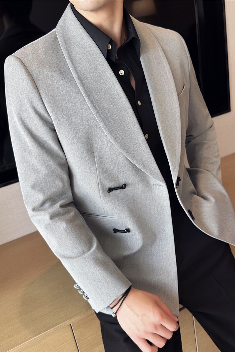 风休闲盘扣西服宴会西装青果领高档西装外套男灰色DX953-P168,男装西服套装,电商A213