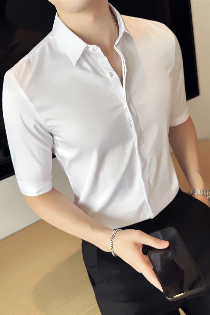 长期做~薄款冰丝中袖衬衫男纯色暗门襟修身五分袖衬衫ZC6637-P55,男装T恤,电商A213