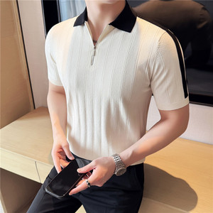 夏季冰丝薄款短袖T恤男暗条纹针织半拉链拼色翻领polo衫MT034-P57