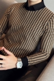 假两件毛衣男千鸟格撞色印花柔软弹力修身针织衫卡其色M9869-P98，男装针织衫/毛衣，电商A213