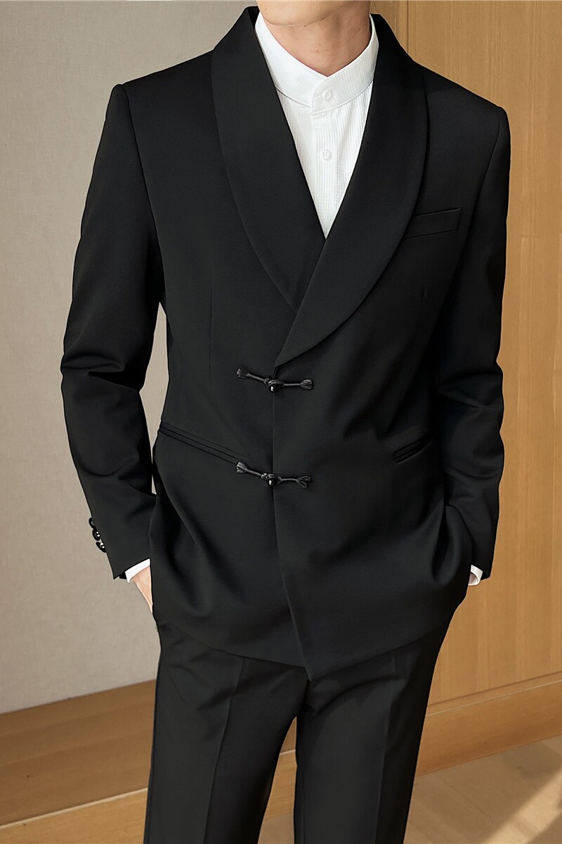 新中式休闲复古盘扣西服套装青果领宴会西装两件套LJT953-P243，男装西服，电商A213