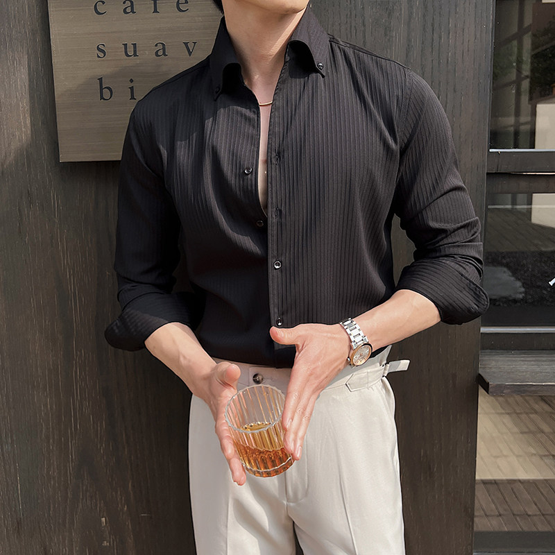 2025春装高级感暗条纹V领时尚衬衫男长袖立领衬衣绿色C3003-P68,男装衬衫,电商A213