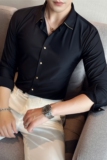 时尚小金边华夫格高弹无痕长袖衬衫男修身衬衣黑色C6020-P80，男装衬衫，电商A213