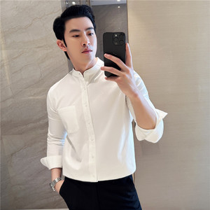 100%全棉质感暗条纹衬衣新中式立领衬衫男长袖口袋装饰CZ010-P60图片