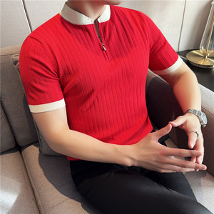 夏季冰丝薄款短袖T恤男暗条纹针织半拉链拼色立领polo衫MT044-P57,男装Polo衫,电商A213