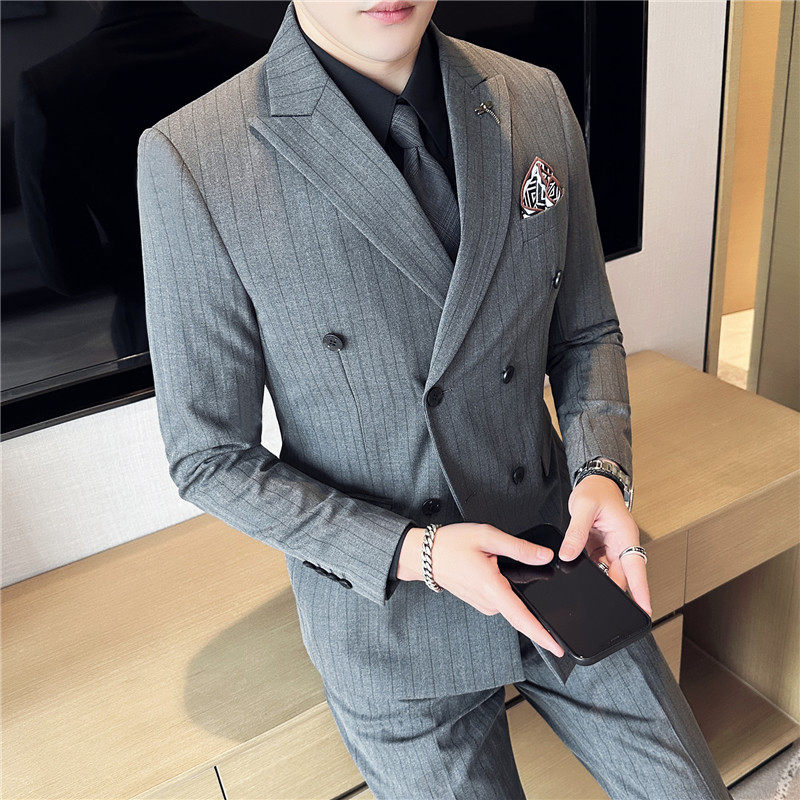 新郎西服套装条纹双排扣戗驳领西装三件套男咖啡色SJT6852-P275,男装西服套装,电商A213