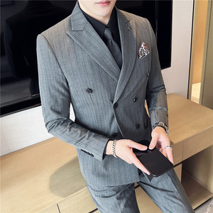新郎西服套装条纹双排扣戗驳领西装三件套男灰色SJT6852-P275图片