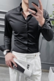 男质感条纹衬衫英伦时尚修身长袖衬衣轻奢商务衬衫黑色C5515-P65，男装衬衫，电商A213