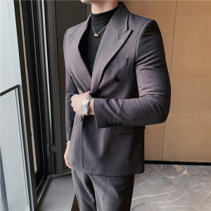 双排扣条纹西服两件套男士西装套装戗驳领修身西服蓝色LJT36-P230图片