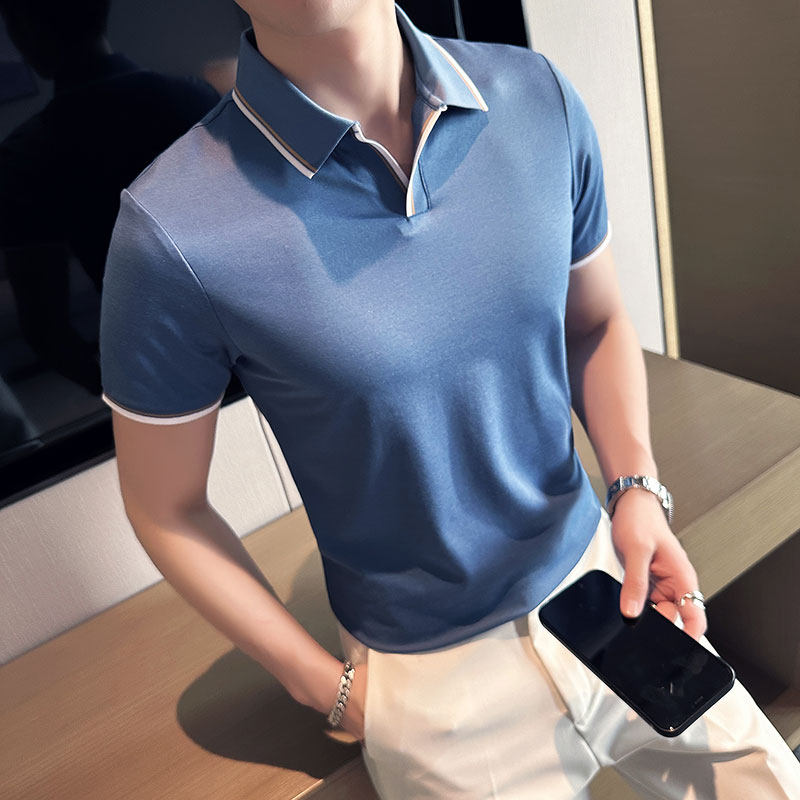 英伦风~V领拼色翻领T恤男士短袖POLO衫天蓝色PL05-P55图片
