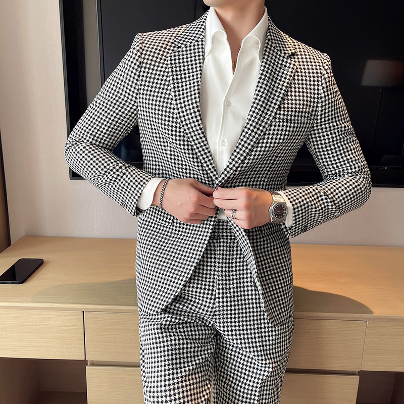 时尚千鸟格子小西装男修身西服两件套男休闲西服套装LJT13/P225,男装西服套装,电商A213