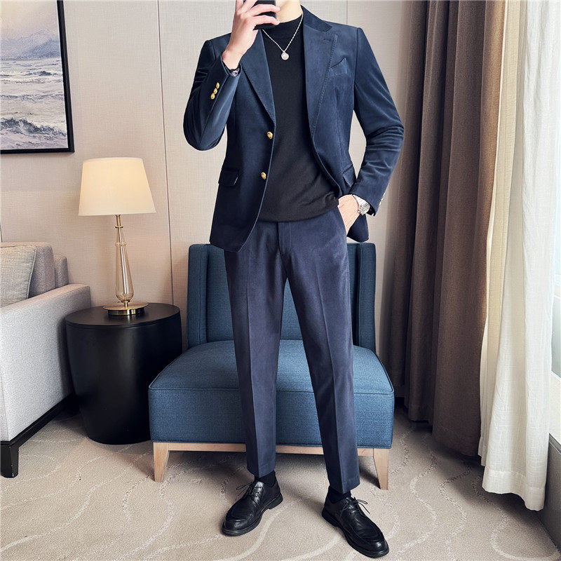 定制绒面布料~重磅加厚毛呢西服外套男西装套装蓝色LJT708-P280图片