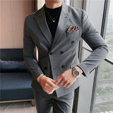 宽条纹西装双排扣西服套装男商务礼服两件套修身深灰LJT306/P230，男装西服套装，电商A213