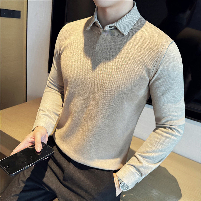 暗条纹灯芯绒质感毛呢衬衫领男加厚毛衣假两件针织衫潮M9386-P93图片
