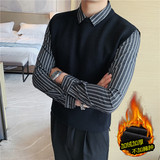 加厚加绒~时尚假两件条纹拼接衬衫领针织背心男毛衣JR6801-P98，男装背心/马甲，电商A213