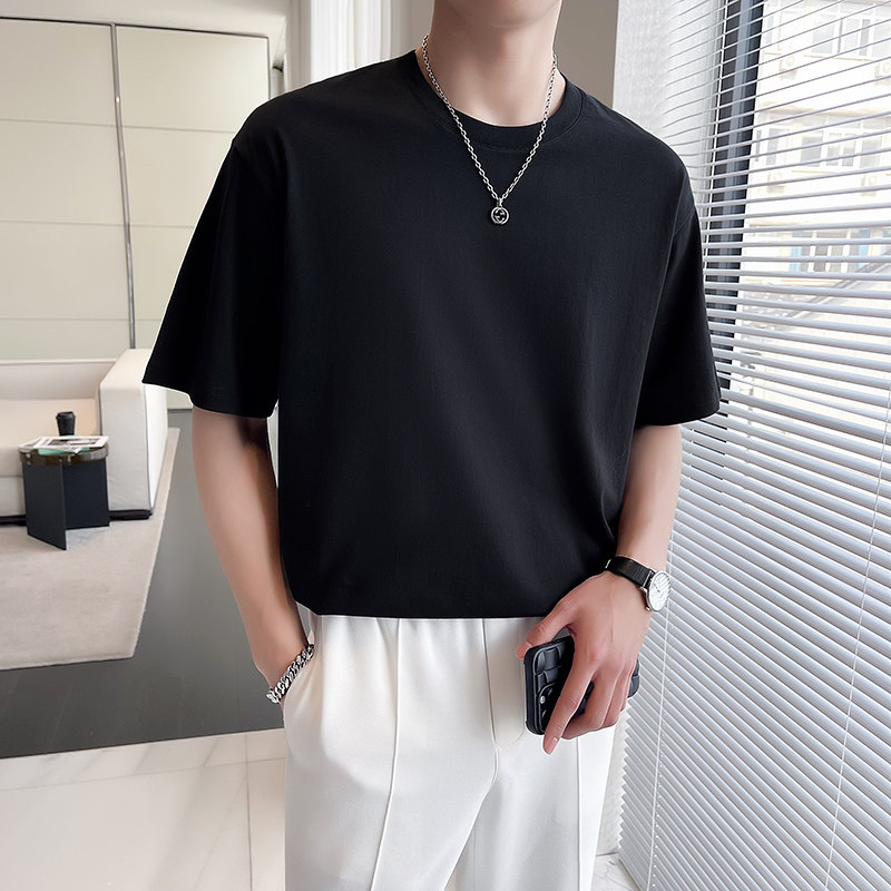 精梳纯棉纯色t恤男短袖圆领宽松休闲大码打底衫黑色DT06-P28图片