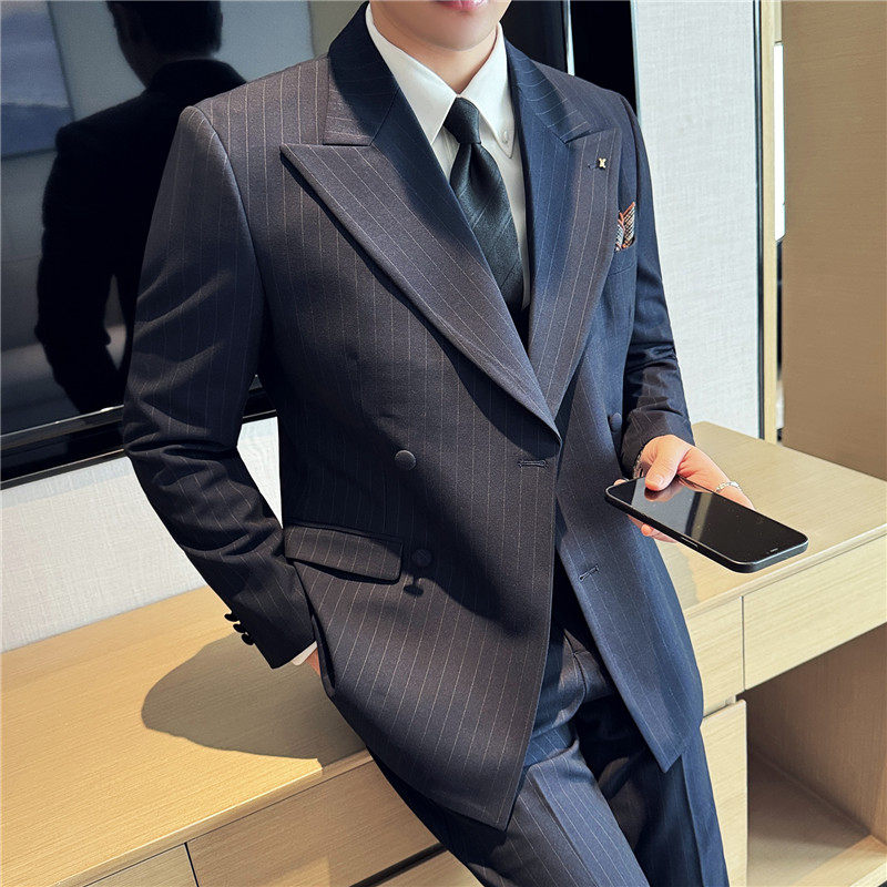 厚款大戗驳领双排扣西服拉伸腰围西裤条纹西装三件套SJT2082-P285图片