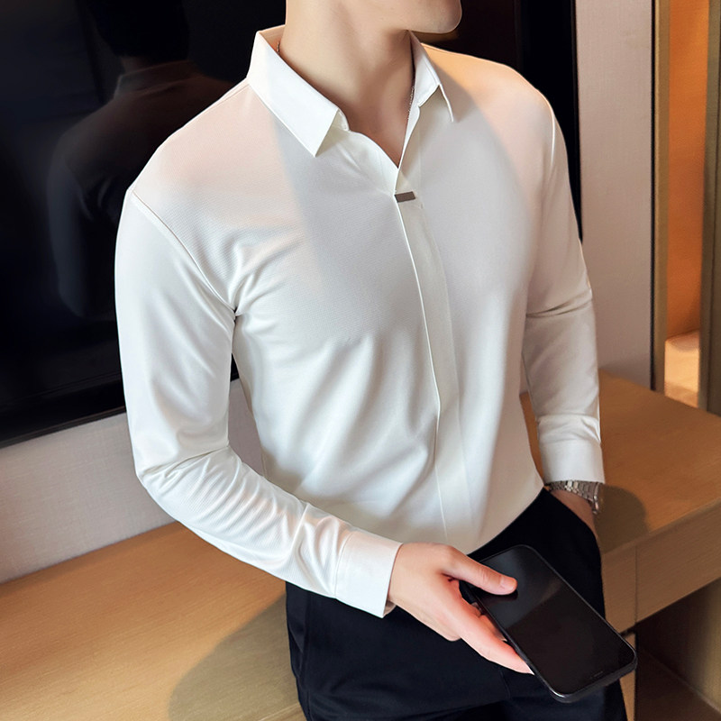 个性V领长袖POLO衫男高级感弹力无痕翻领T恤咖啡色T6661-P68图片