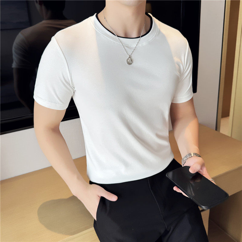假两件打底衫男士短袖t恤纯棉紧身弹力修身百搭上衣白色DT18-P37图片