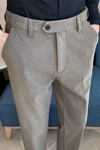 腰部可拉伸磨毛加厚毛呢西裤男商务西裤小脚休闲裤咖色XK208-P68图片