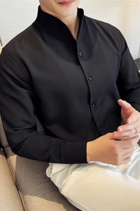 高级感性感V领衬衫男长袖设计感无领无痕立领衬衣黑色CZ018-P68图片