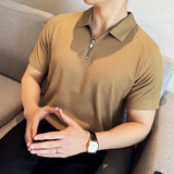 泡泡纱网格面料~冰丝薄款高弹半拉链polo衫男短袖白色PL2509-P63，男装Polo衫，电商A213