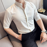 暗门襟立领衬衫男中袖圆领衬衣弹力垂感衬衣墨绿色C2351-P58，男装衬衫，电商A213
