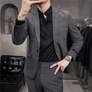 新款男士格子西装两件套修身西服套装蓝色LJT873/P230图片
