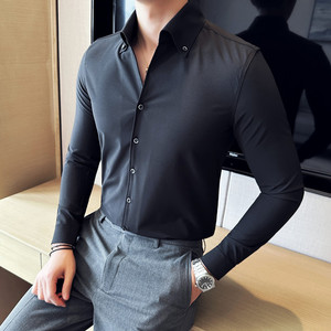 高级感纯色V领衬衫男长袖立领衬衣垂坠感一字领衬衫黑色C6623-P58图片