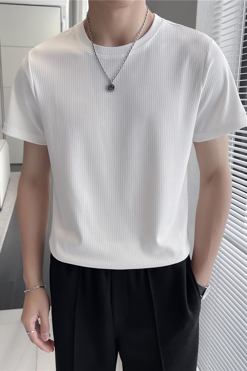 轻熟风~薄款冰丝细条纹修身短袖T恤男弹力圆领打底白色TH005-P35,男装T恤,电商A213