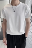 轻熟风~薄款冰丝细条纹修身短袖T恤男弹力圆领打底白色TH005-P35，男装T恤，电商A213