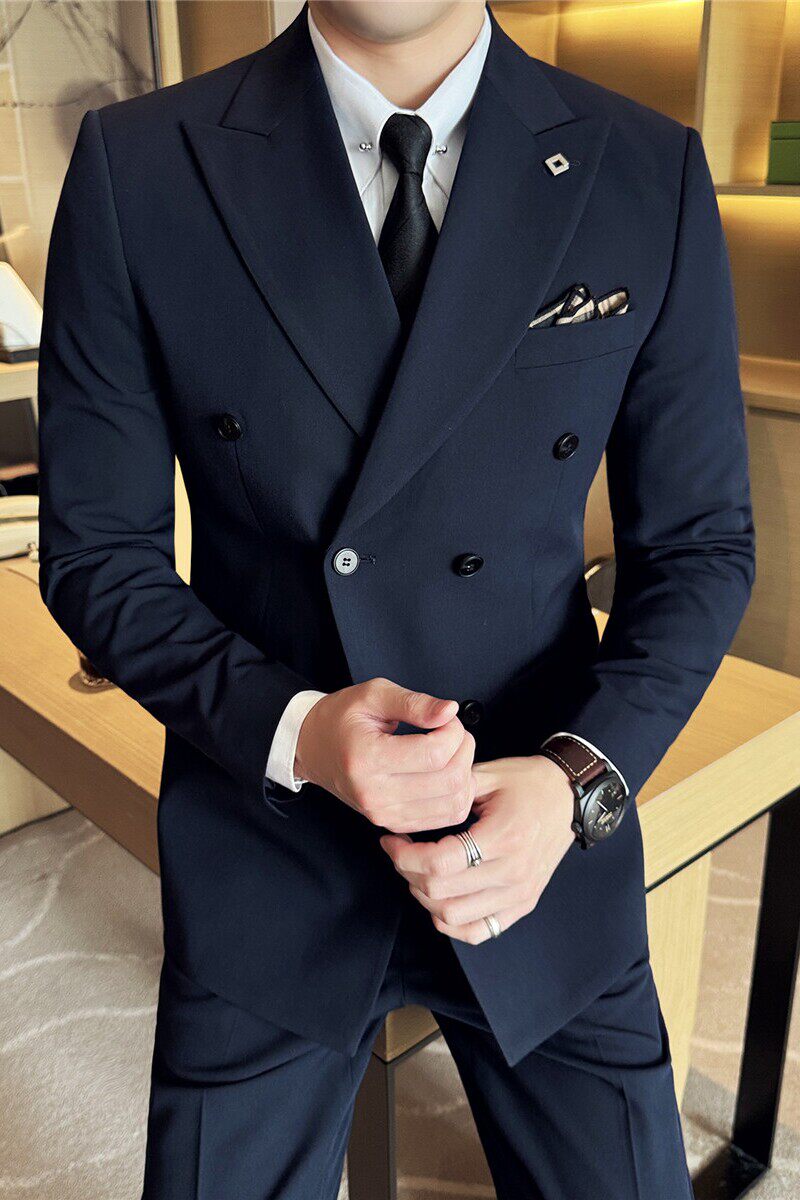 高级感戗驳领双排扣西装三件套男修身商务西服套装SJT7053-P190特，男装西服套装，电商A213