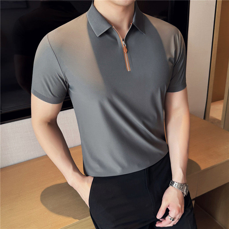 半拉链拼皮短袖Polo衫凉感轻薄弹力休闲户外运动短袖PL98253-P63，男装Polo衫，电商A213