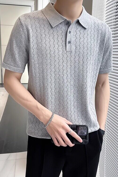 时尚波浪条纹针织翻领短袖男T恤修身洞洞Polo衫灰色PL9762-P47,男装Polo衫,电商A213