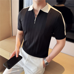 夏季冰丝薄款短袖T恤男暗条纹针织半拉链拼色翻领polo衫MT034-P57图片