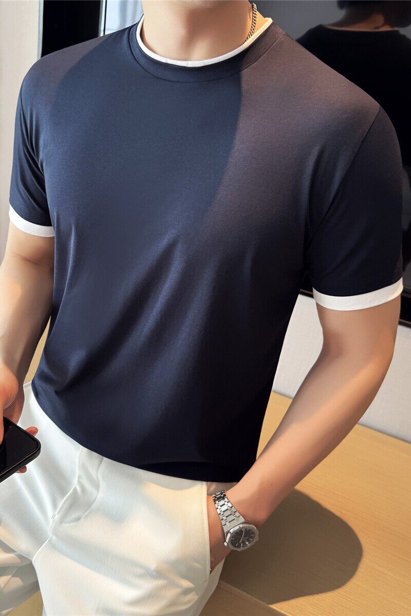 夏季薄款莫代尔棉高级感撞色拼接叠穿假两件T恤男藏青色TF110-P47图片
