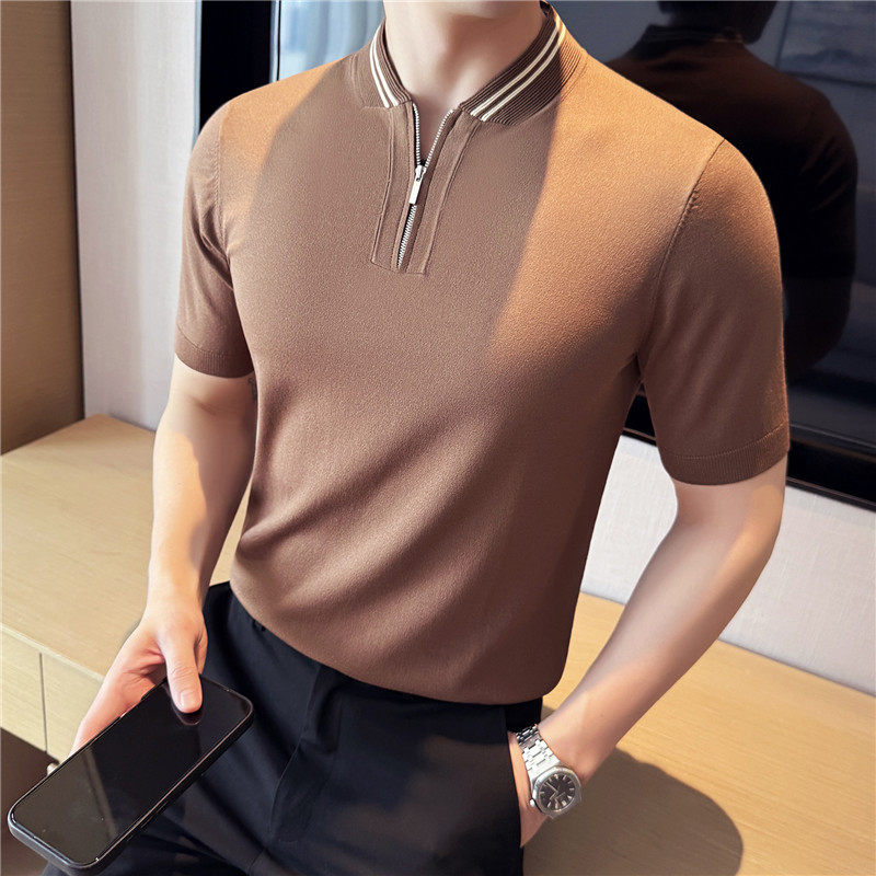 新中式拼色立领冰丝针织短袖Polo衫半拉链亲肤凉感T恤JQ3705-P67，男装Polo衫，电商A213