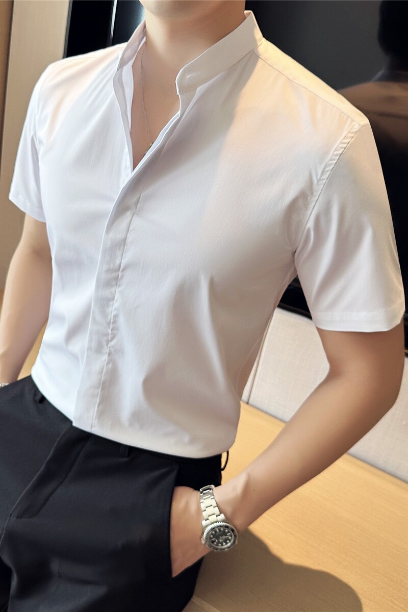新中式立领衬衫男短袖圆领衬衣休闲时尚衬衣蓝色C2336-P58,男装T恤,电商A213